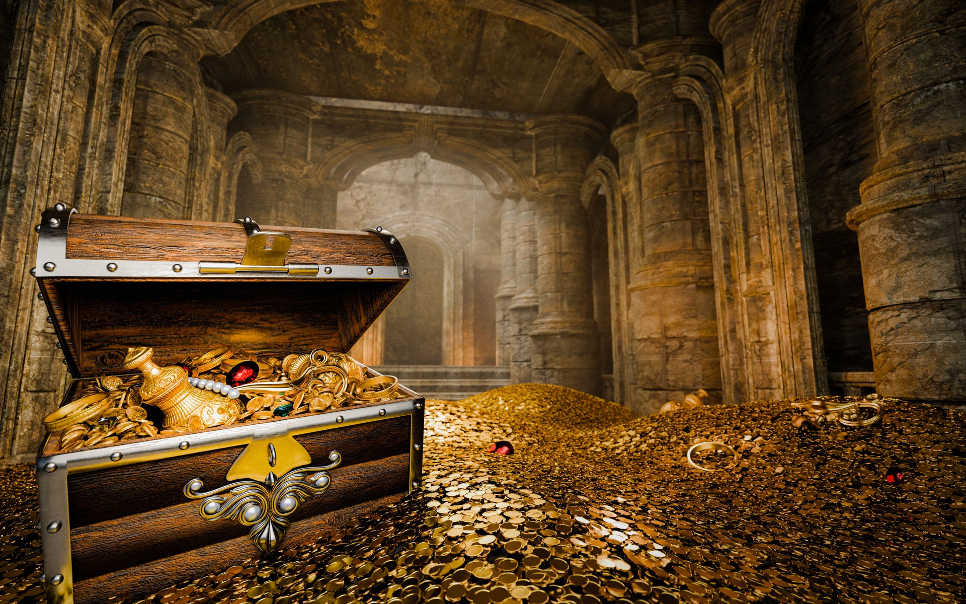 Treasury hall. treasure trove of gold coins And chests and treasure boxes pile up. Treasuries, kingdoms and castles. The concept of finding lost ancient treasures. 3d rendering image