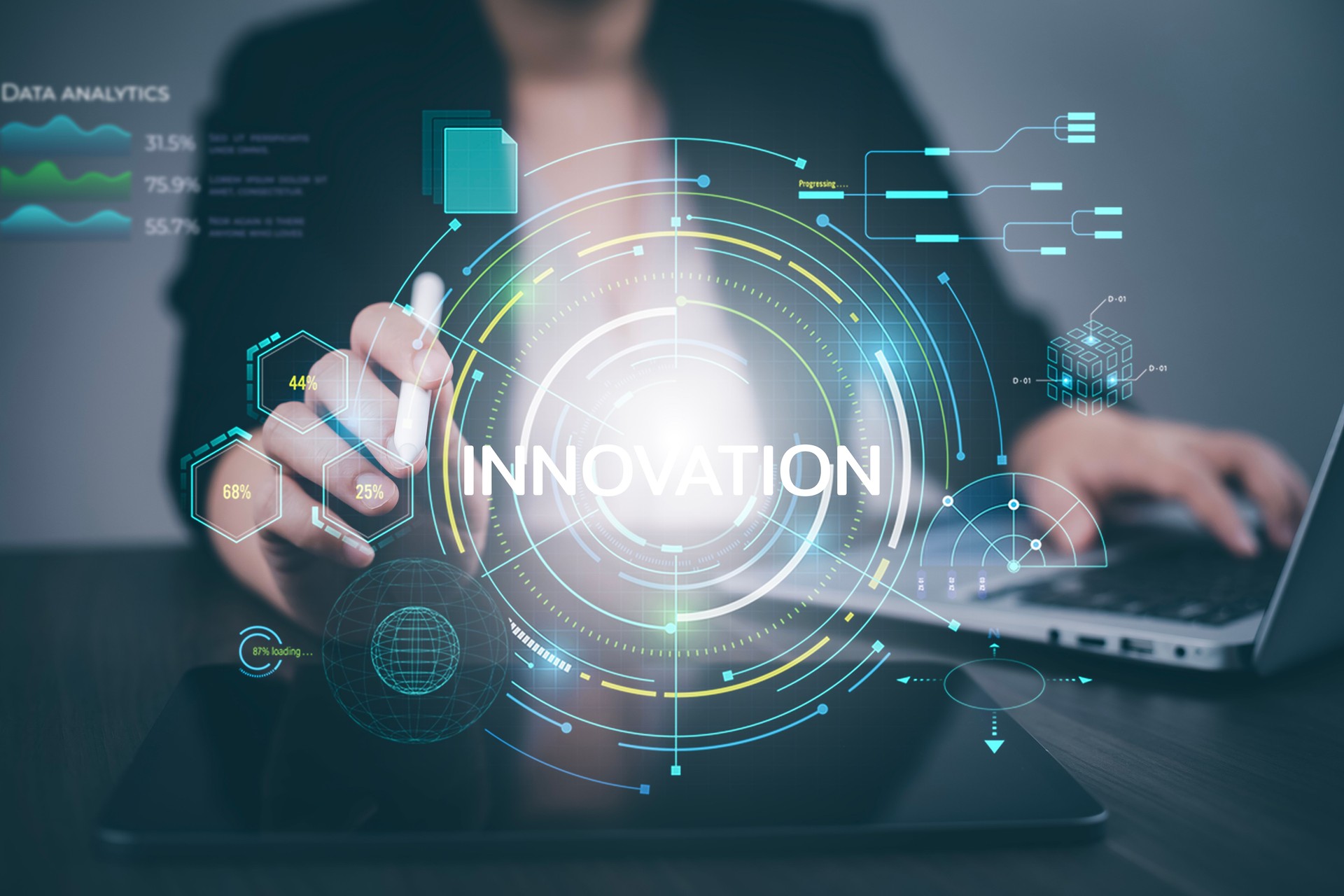 Innovation with Graphical User Interface and big data Concept, businessman using a laptop with touch Innovative ideas presented by management consultants on-screen, design, invention development
